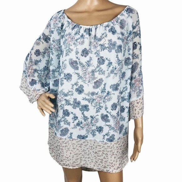Black Rainn Tops - Black Rainn Plus 2X Boho‎ Pastel Floral Print Tunic Top 3/4 Sleeve Shirt Blouse